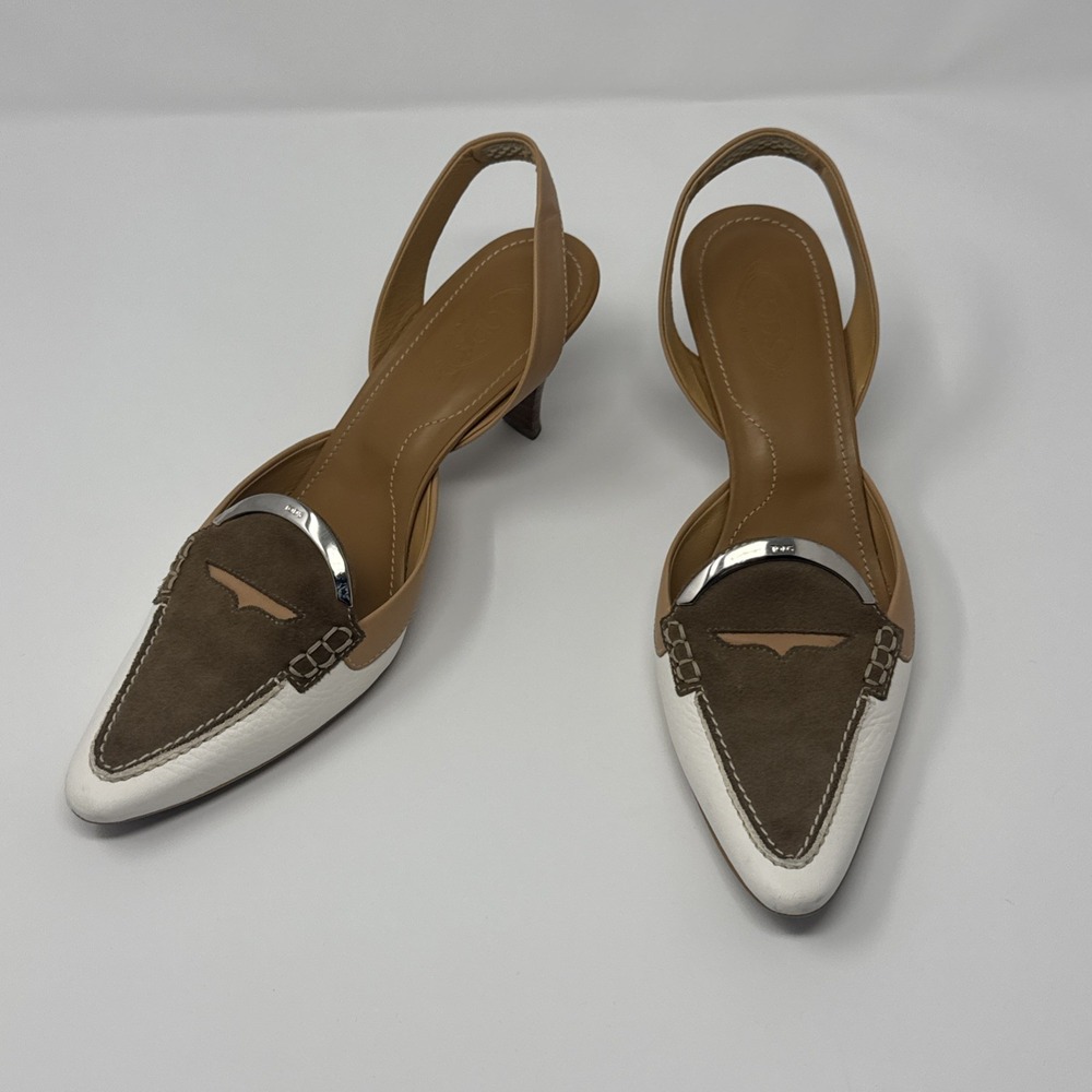 Tods Debbie Slingback Suede Leather Mules - Shoes Womens 9 White Tan